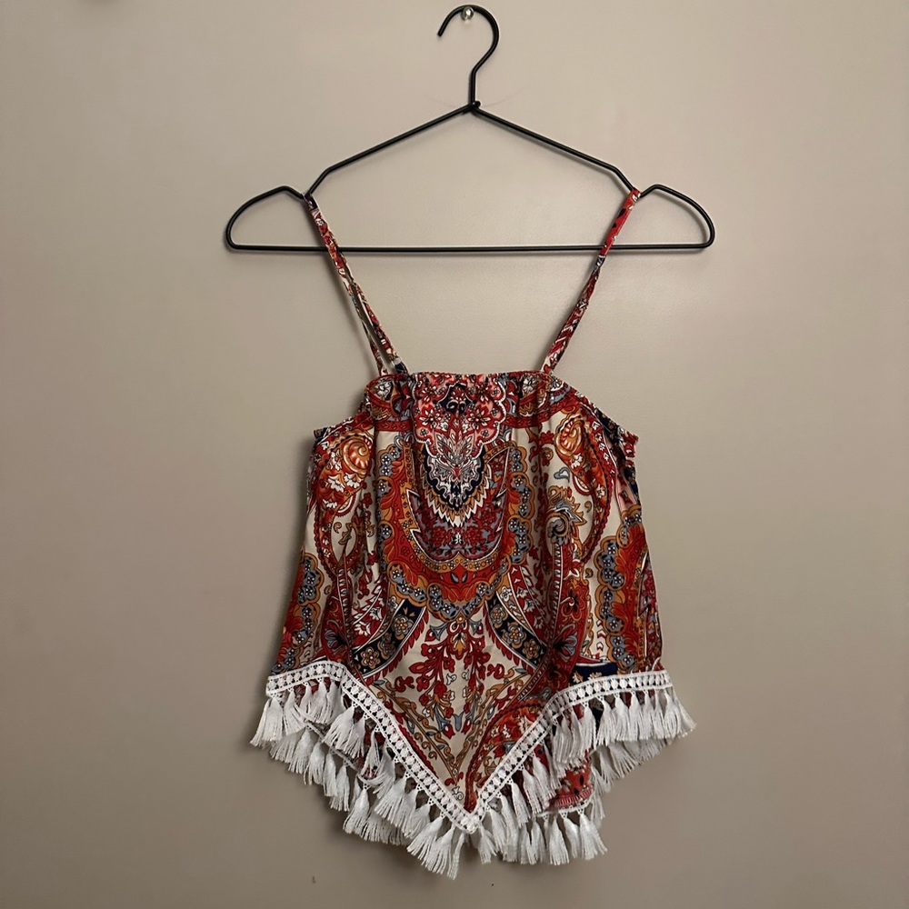 Shein Paisley Print Fringe Hem Tank Top